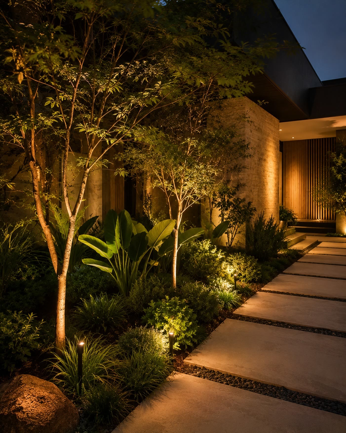 Jardim com a iluminação acesa