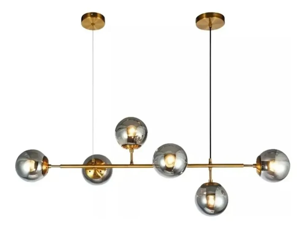 Pendente dourado com seis globos de vidro fumê, conforme referência enviada